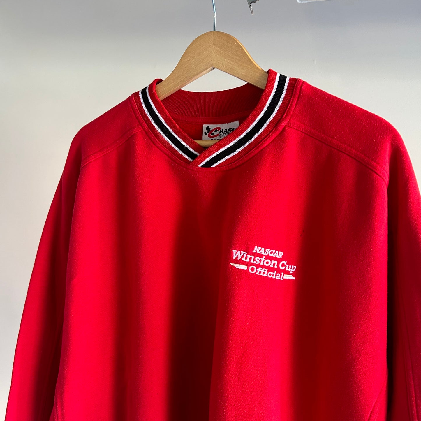 Vintage 90s NASCAR Winston Cup Mens Sweatshirt Racing Red Crewneck best fits XL Rare striped V neck