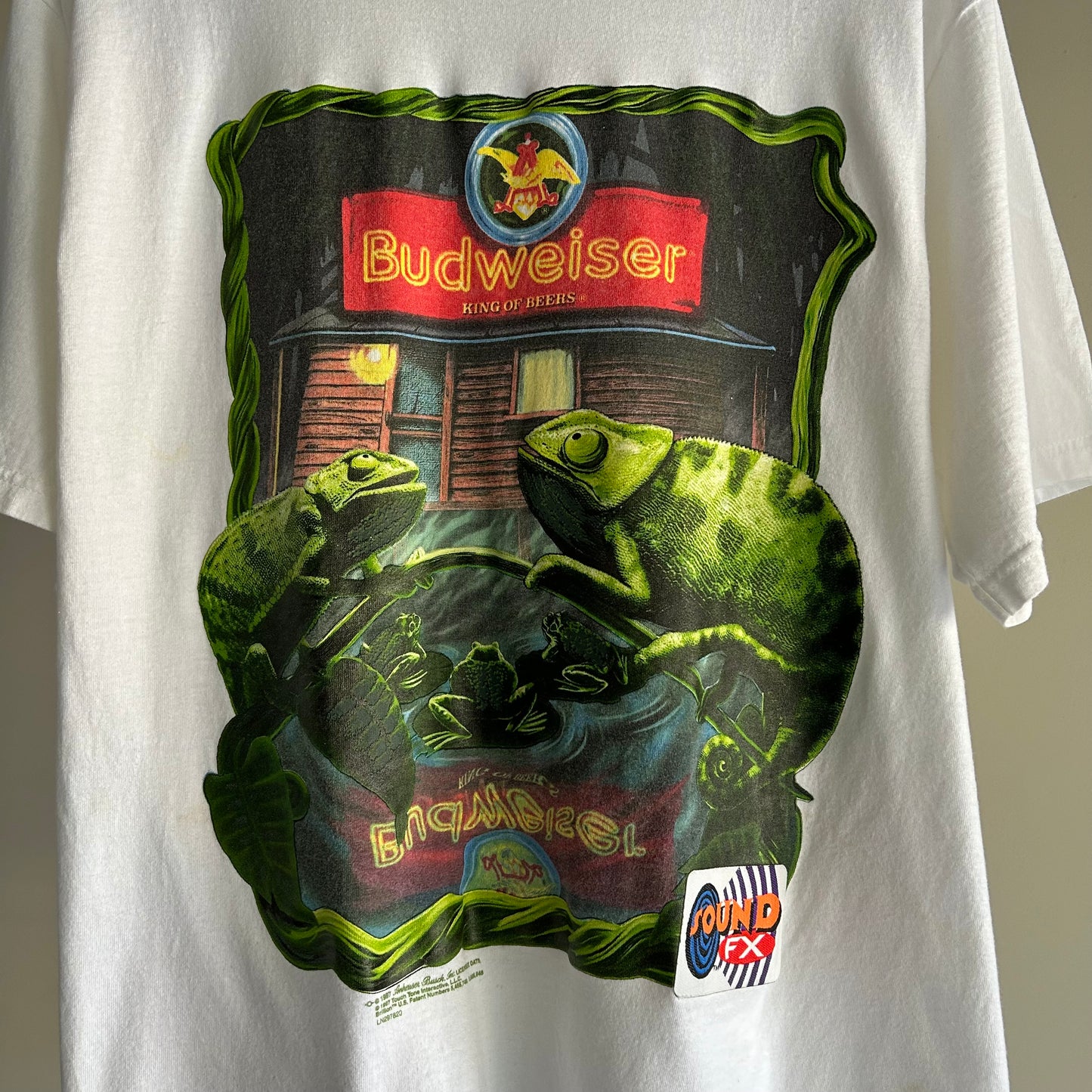 Vintage Near DS 1997 Budweiser Chameleon Promo T Shirt Talking Tee White XL Rare