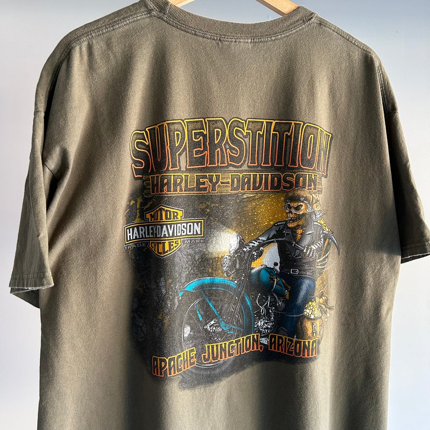 Vintage Harley Davidson Superstition Skull Flame Motorcycle Biker T Shirt XL