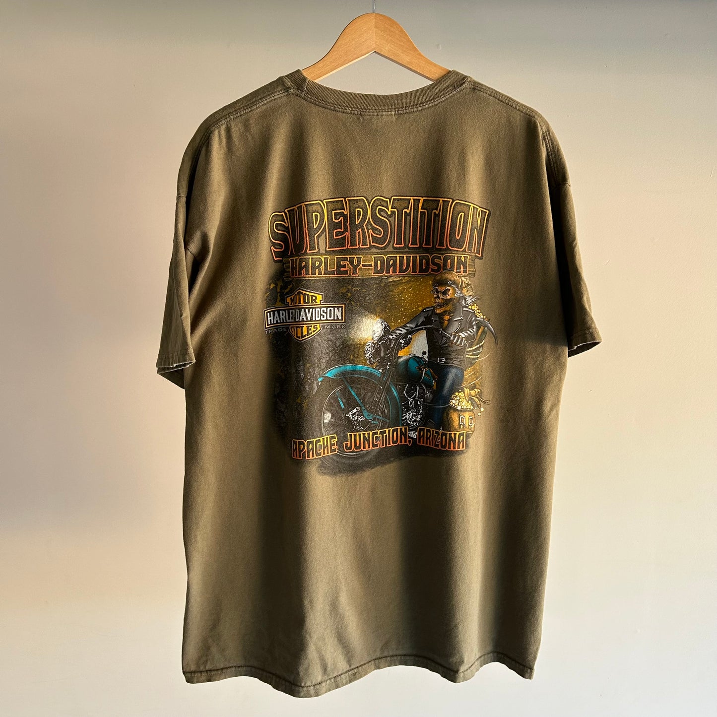 Vintage Harley Davidson Superstition Skull Flame Motorcycle Biker T Shirt XL