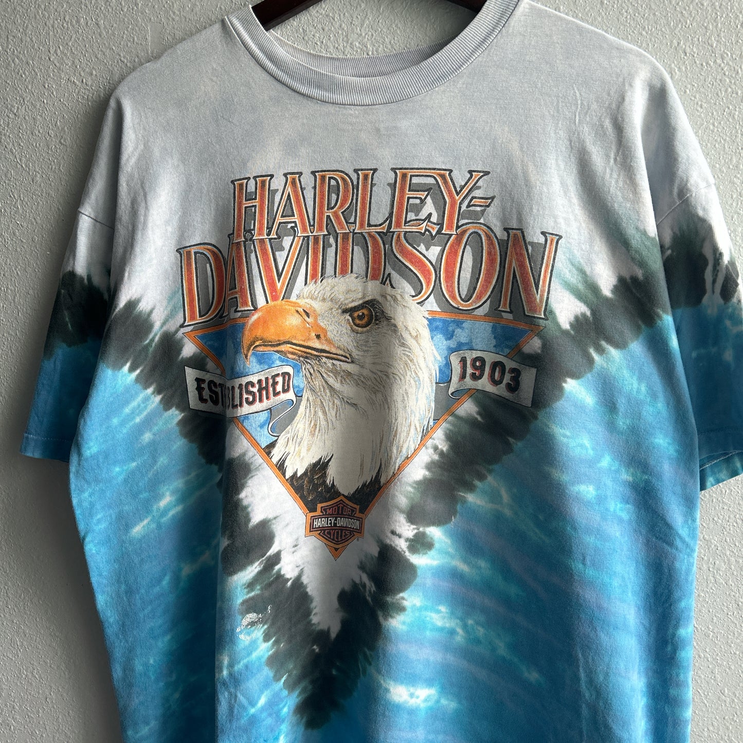 Vintage Harley Davidson Shirt XL Blue Tie Dye Motorcycles Biker Single Stitch