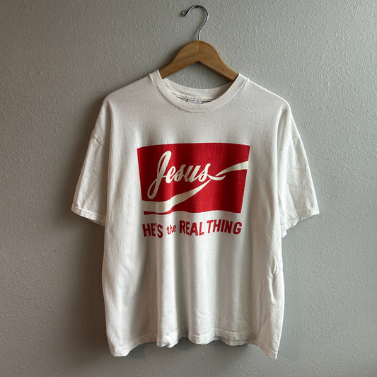 (XL) Vintage 90s Jesus Coca Cola Parody tee shirt “He’s the Real thing”