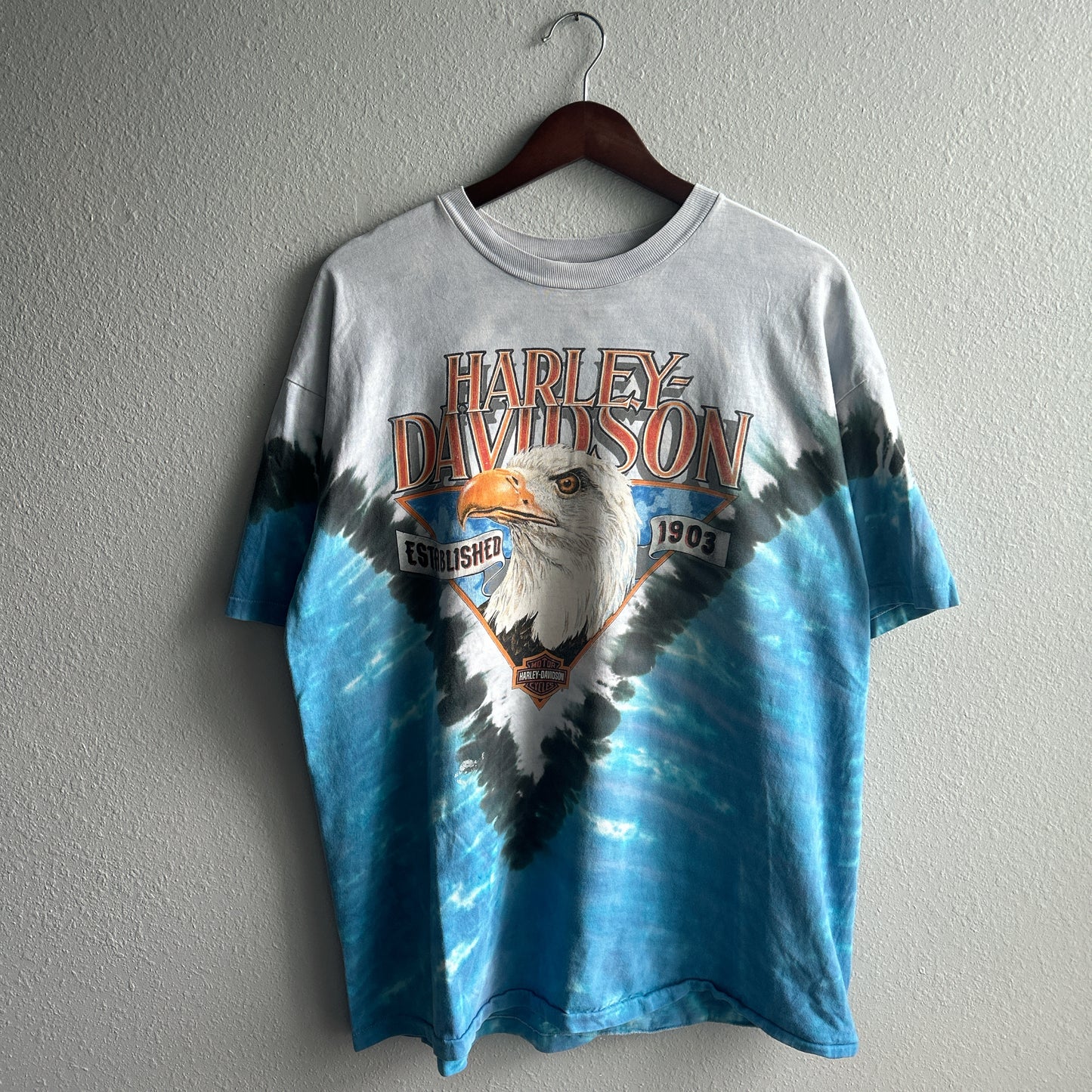 Vintage Harley Davidson Shirt XL Blue Tie Dye Motorcycles Biker Single Stitch