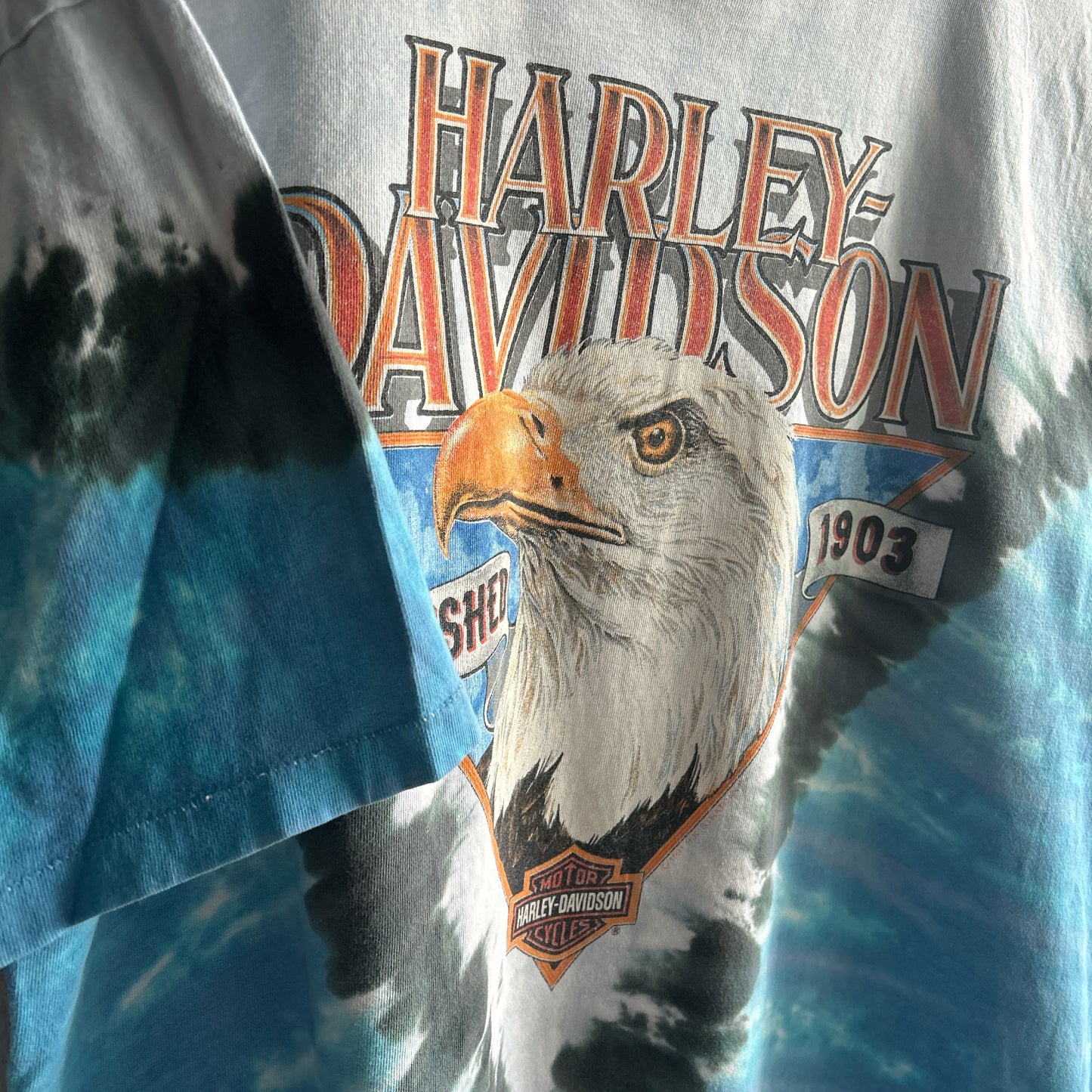 Vintage Harley Davidson Shirt XL Blue Tie Dye Motorcycles Biker Single Stitch