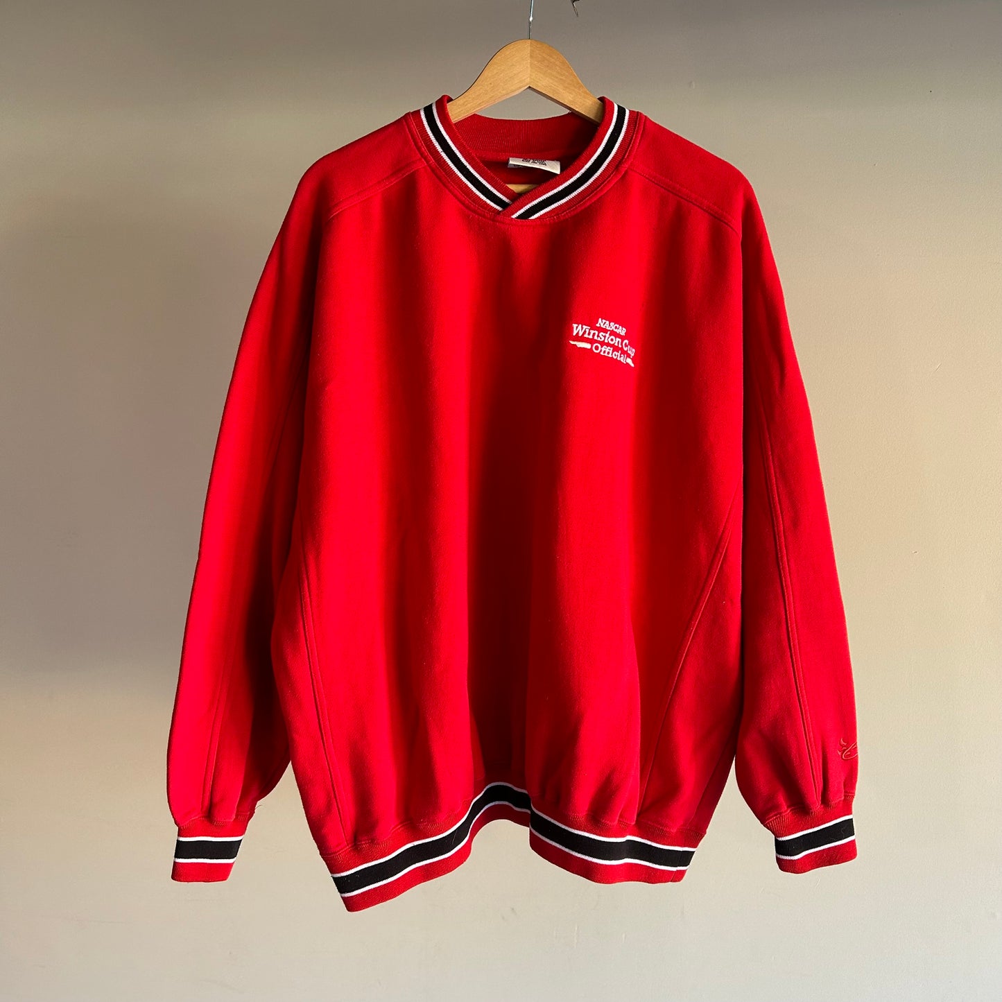 Vintage 90s NASCAR Winston Cup Mens Sweatshirt Racing Red Crewneck best fits XL Rare striped V neck